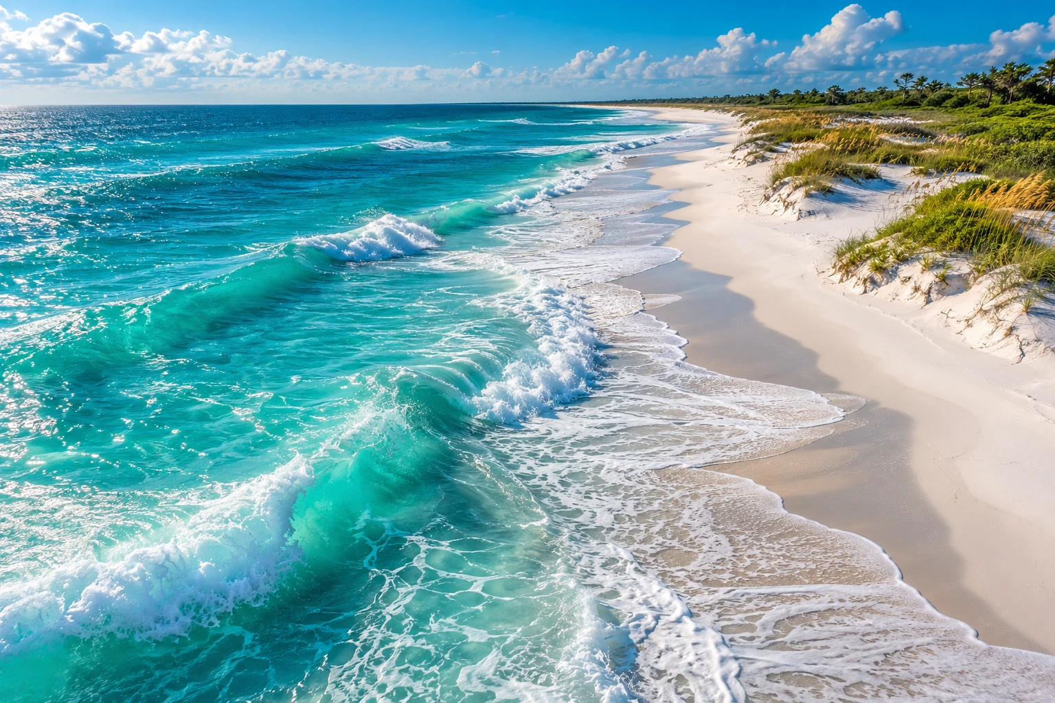 A wide nourished beach with turquoise surf