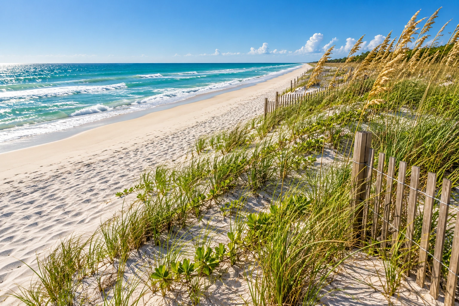 Restored beach dunes with sea oats and sand fencing