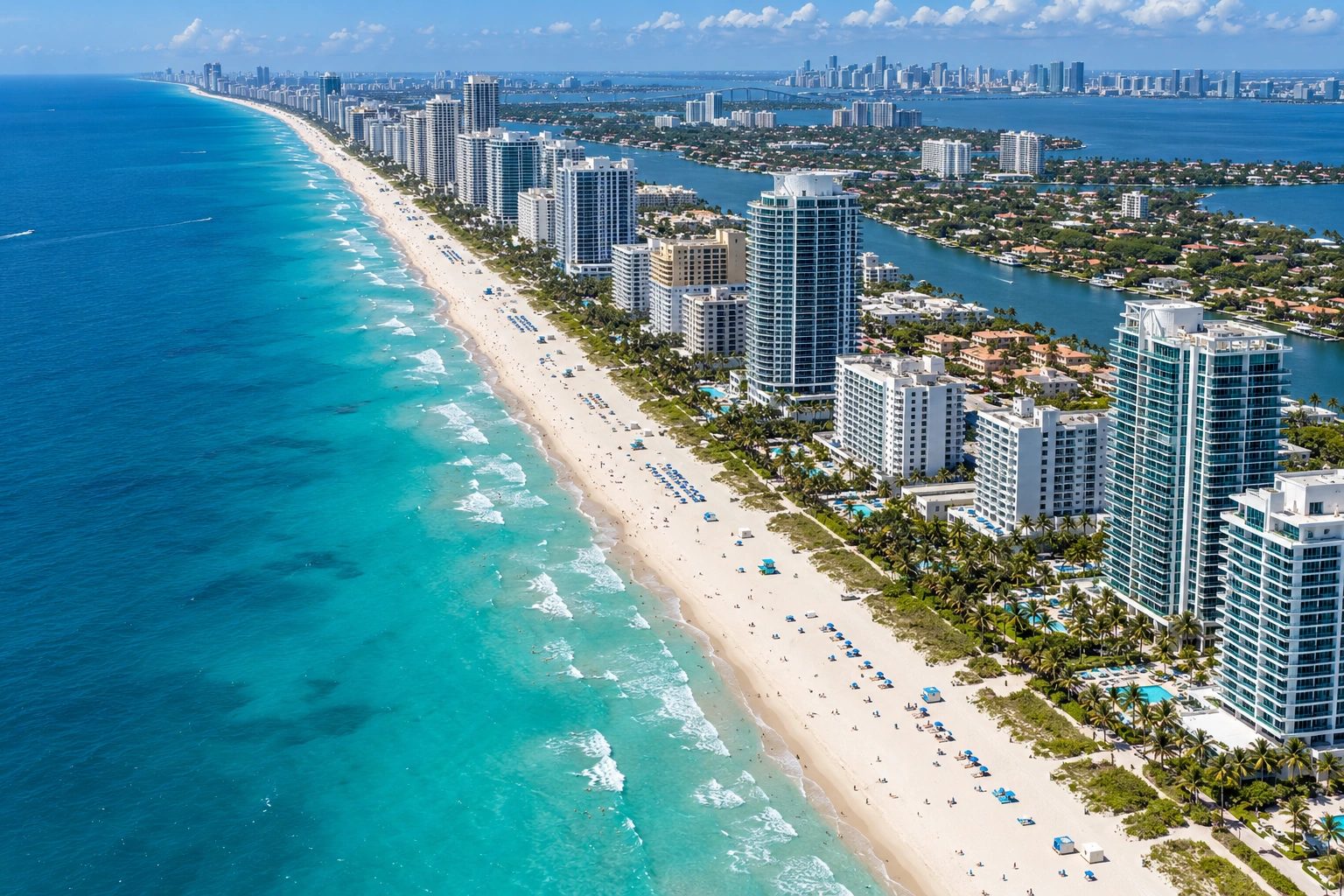 Aerial view of a Florida urban shoreline and beachfront buildings