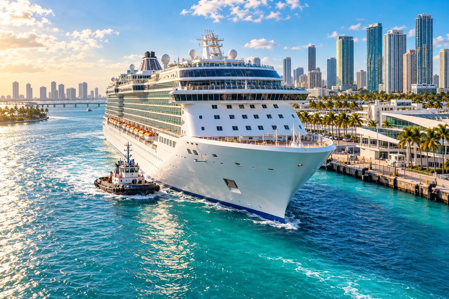 Cruise liner approaching a Florida port with a tugboat