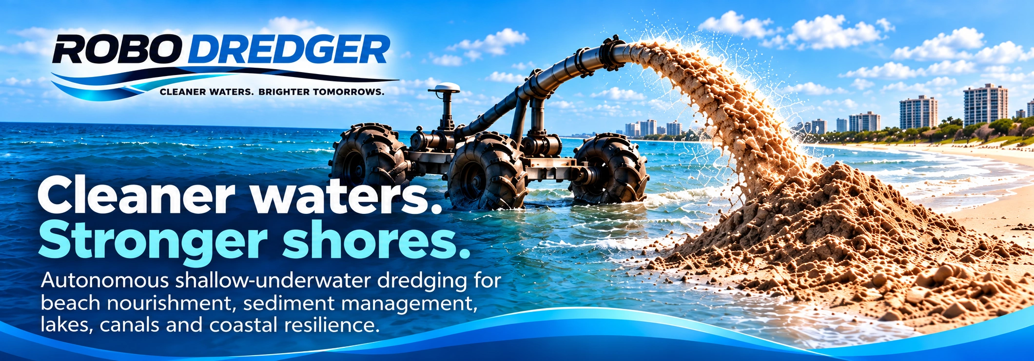 RoboDredger — Cleaner waters. Stronger shores. Autonomous shallow-underwater dredging for beach nourishment, sediment management, lakes, canals and coastal resilience.