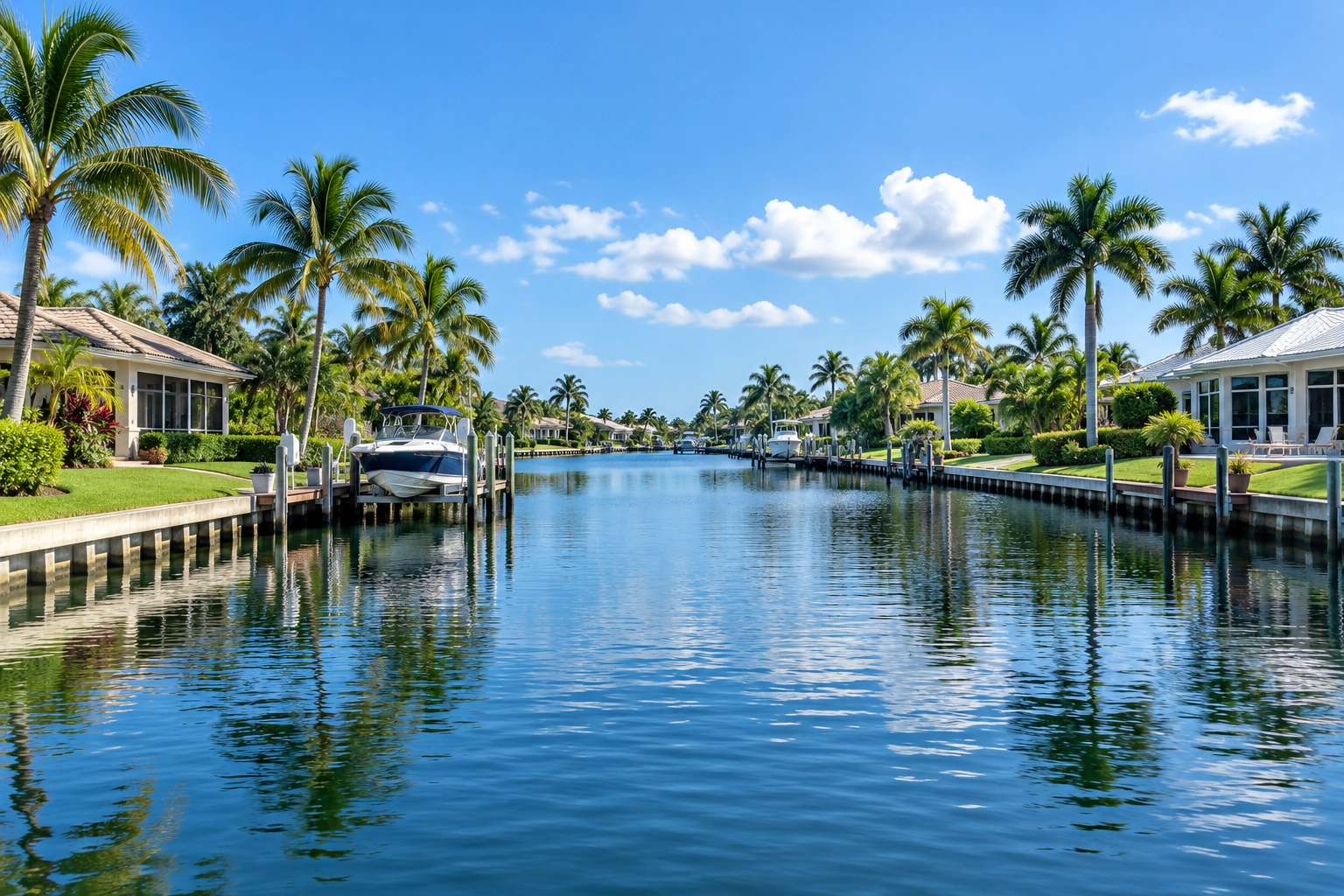Inland canal bordered by homes and palms