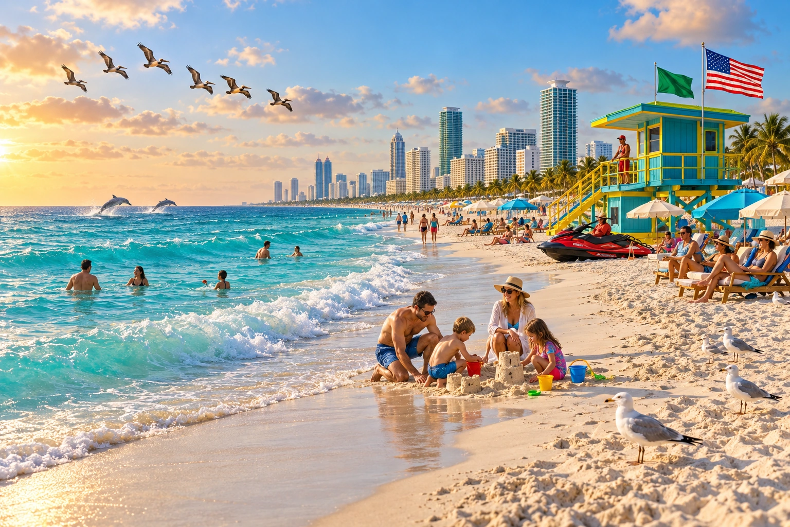 Illustrative Florida city beach: families relaxing under umbrellas, children building sand castles, swimmers, pelicans, seagulls, offshore dolphins and a lifeguard hut with a rescue jet ski, green safety flag and US flag.