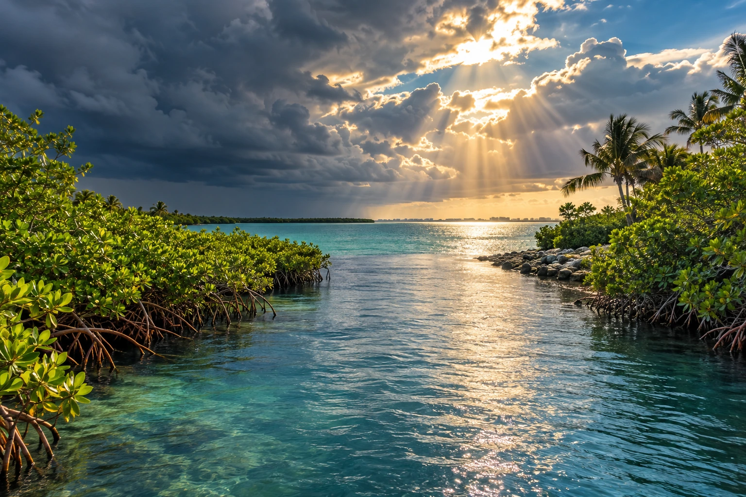 Sunlight breaking through storm clouds above a Florida drainage canal