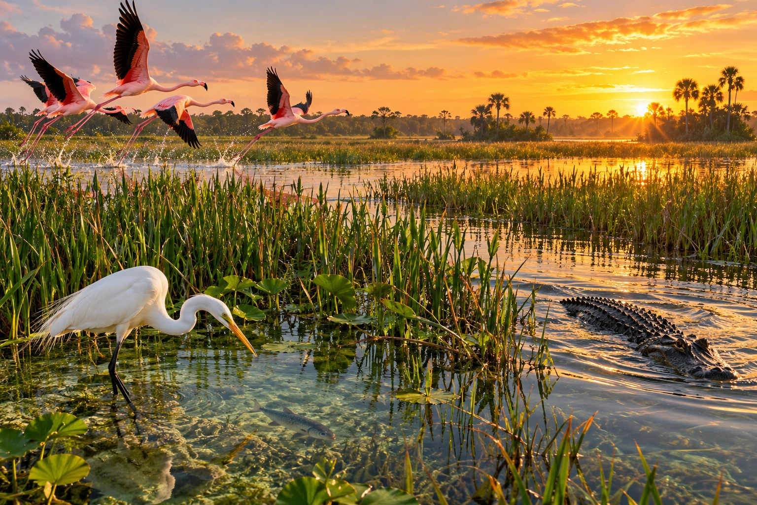 Flamingos taking flight, an alligator entering the water, and a white wading bird hunting in a Florida wetland