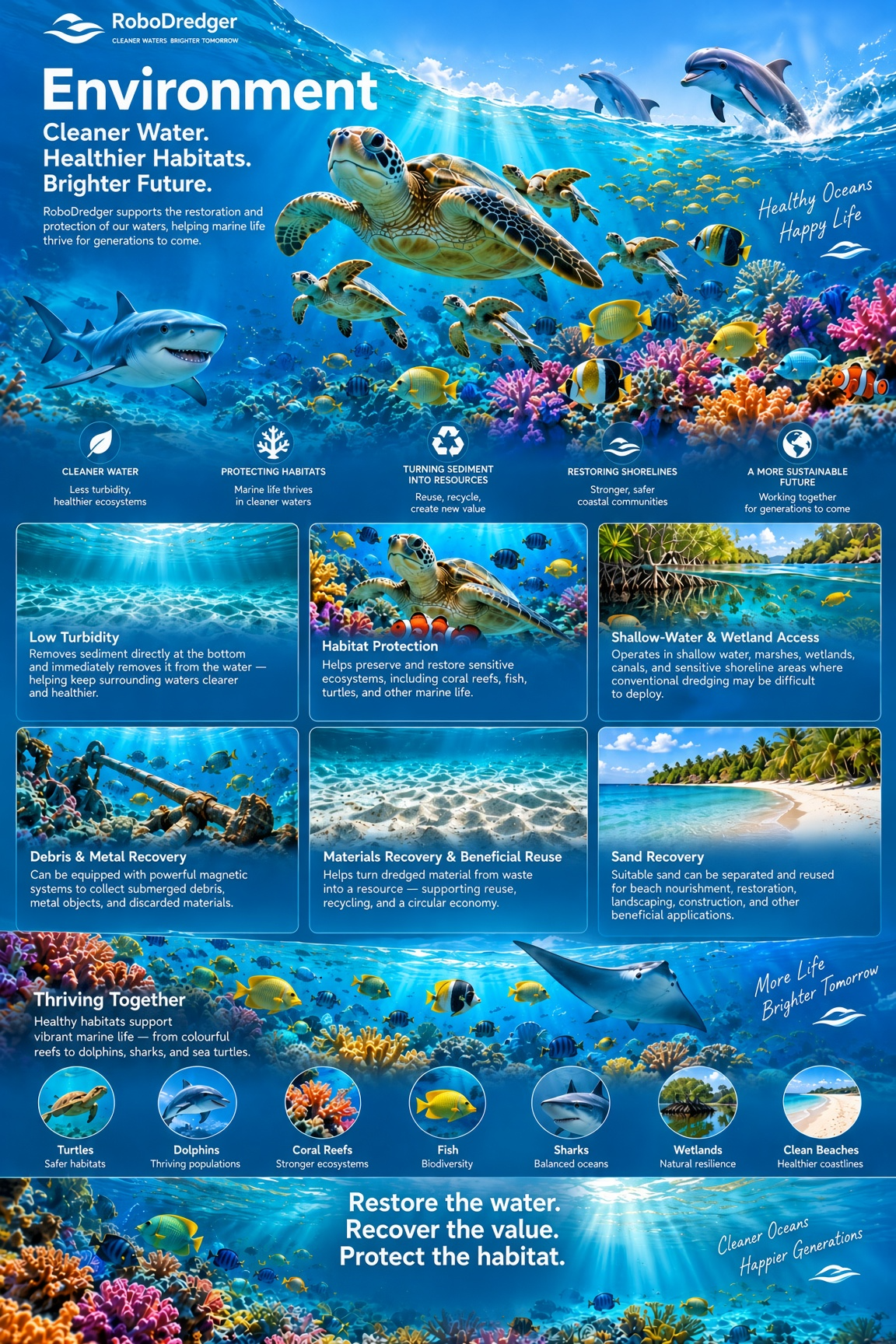 Environment — Cleaner Water. Healthier Habitats. Brighter Future. Low turbidity, habitat protection, shallow-water and wetland access, debris and metal recovery, materials reuse and sand recovery. Turtles, dolphins, coral reefs, fish, sharks, wetlands and clean beaches.