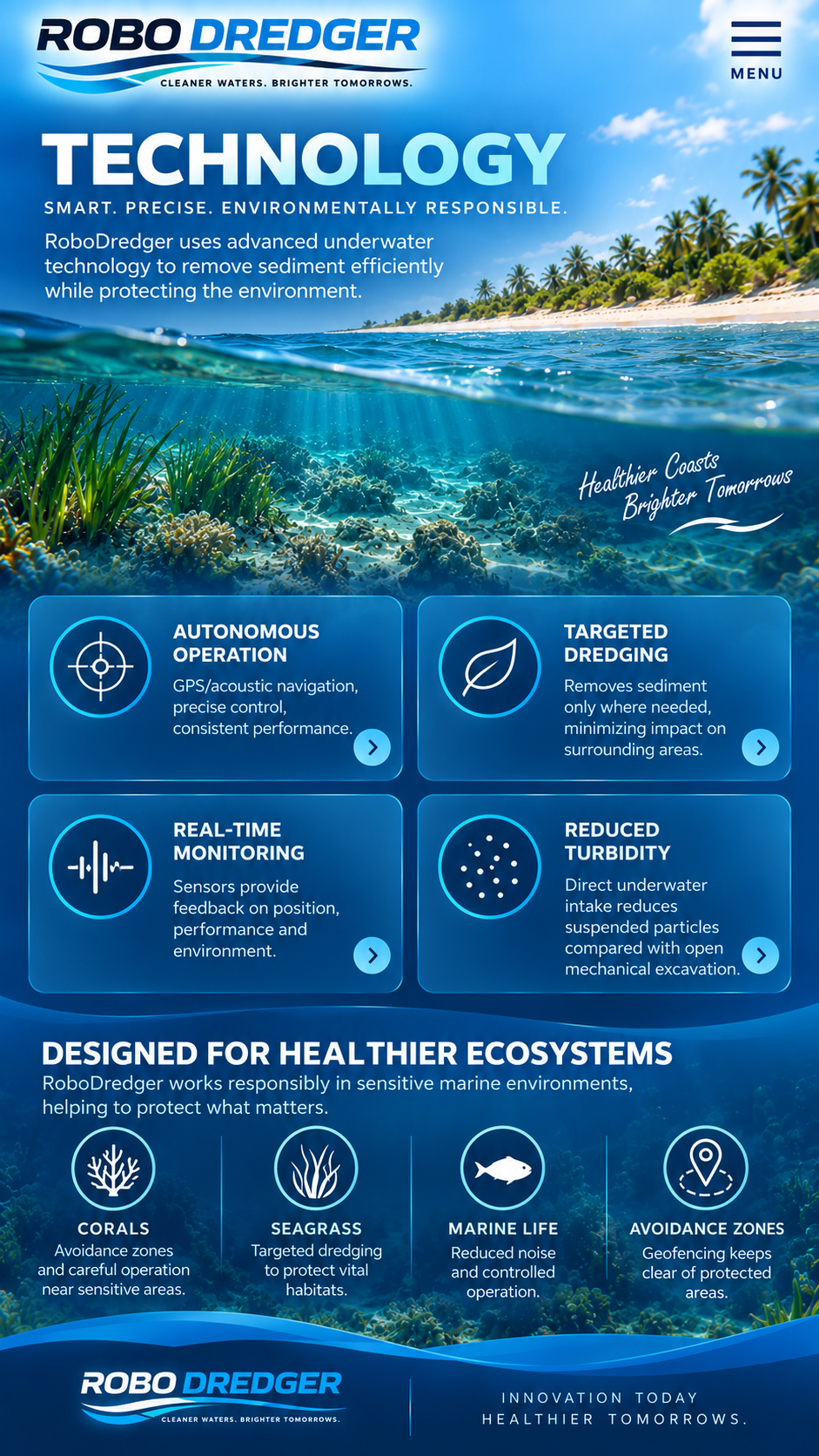 RoboDredger Technology. Smart, precise, environmentally responsible. Autonomous operation, targeted dredging, real-time monitoring and reduced turbidity. Designed for healthier ecosystems: corals, seagrass, marine life and avoidance zones.
